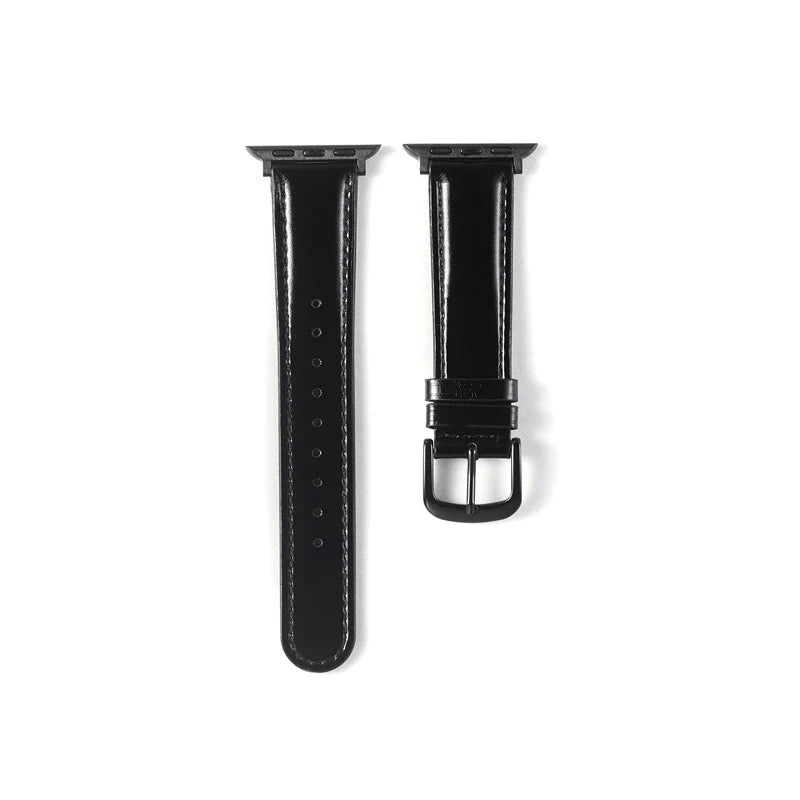 Correa de cuero natural brillante negra para Apple Watch de Vivaldo, con hebilla y adaptadores negros