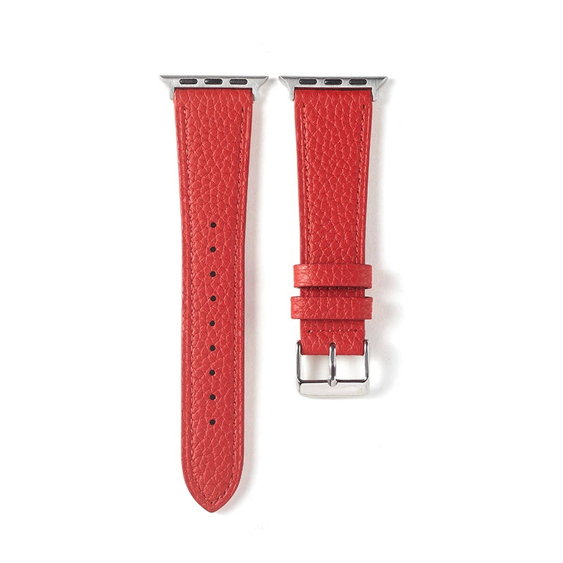 Correa ancha de cuero granulado en rojo para Apple Watch de la marca Vivaldo, con cierre de hebilla y acabado elegante.