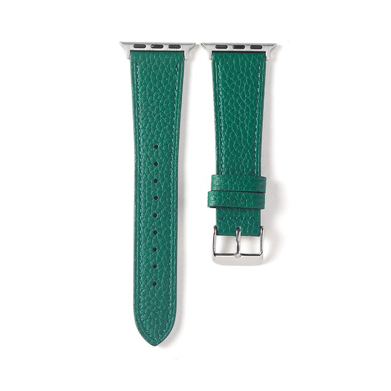 Correa ancha de cuero granulado para Apple Watch en color verde, de la marca Vivaldo, muestra detalles de textura y cierre.