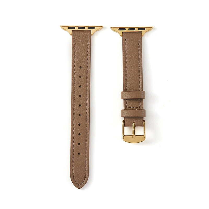 Correa fina de cuero granulado para Apple Watch en color gris elefante, compatible con relojes inteligentes Vivaldo.