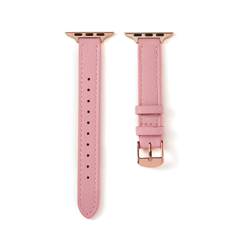Correa fina de cuero granulado para Apple Watch en color malva, de marca Vivaldo, muestra detalles de textura y cierre elegante.