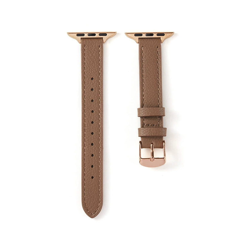 Correa fina de cuero granulado marrón topo para Apple Watch de la marca Vivaldo, con diseño elegante y acabado en cuero texturizado.