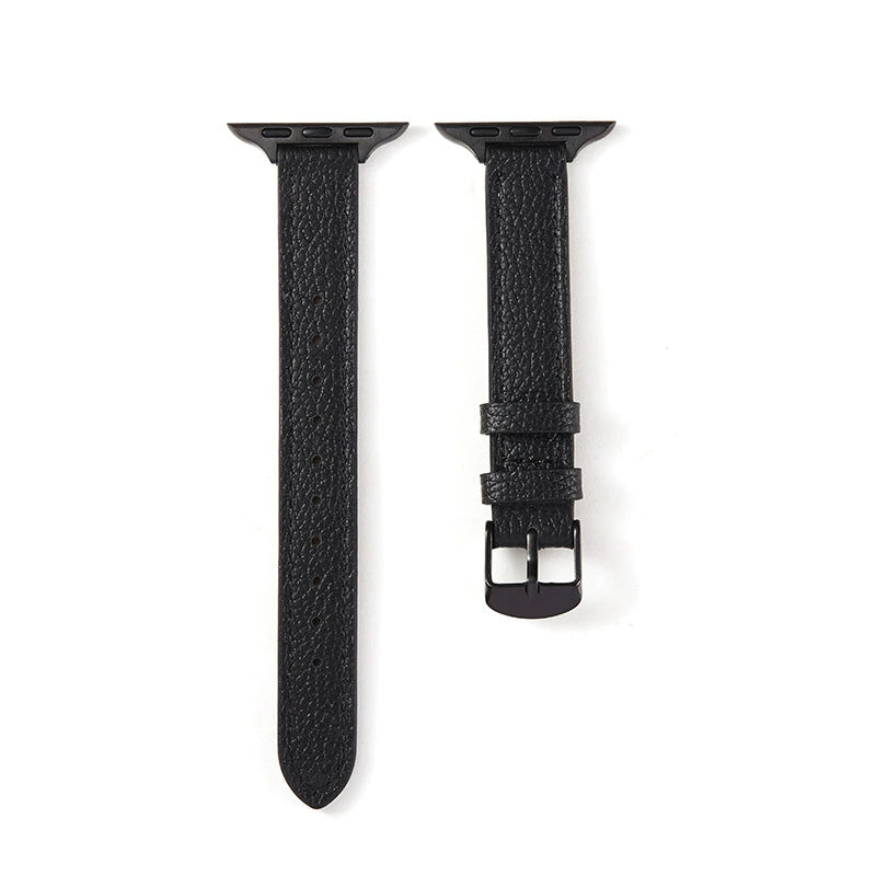 Correa fina de cuero granulado para Apple Watch en color negro, de la marca Vivaldo, muestra el diseño elegante y ajustable.