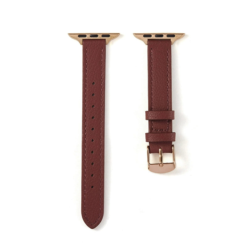 Correa fina de cuero granulado para Apple Watch en color rojo angora, con diseño elegante y ajustable de la marca Vivaldo.