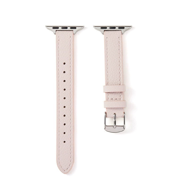 Correa fina de cuero granulado para Apple Watch en rosa claro, compatibilidad con relojes inteligentes Vivaldo.