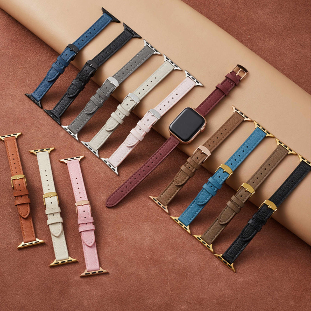 Correa fina de cuero granulado para Apple Watch en negro y dorado, marca Vivaldo, muestra el diseño elegante y detalles del material.