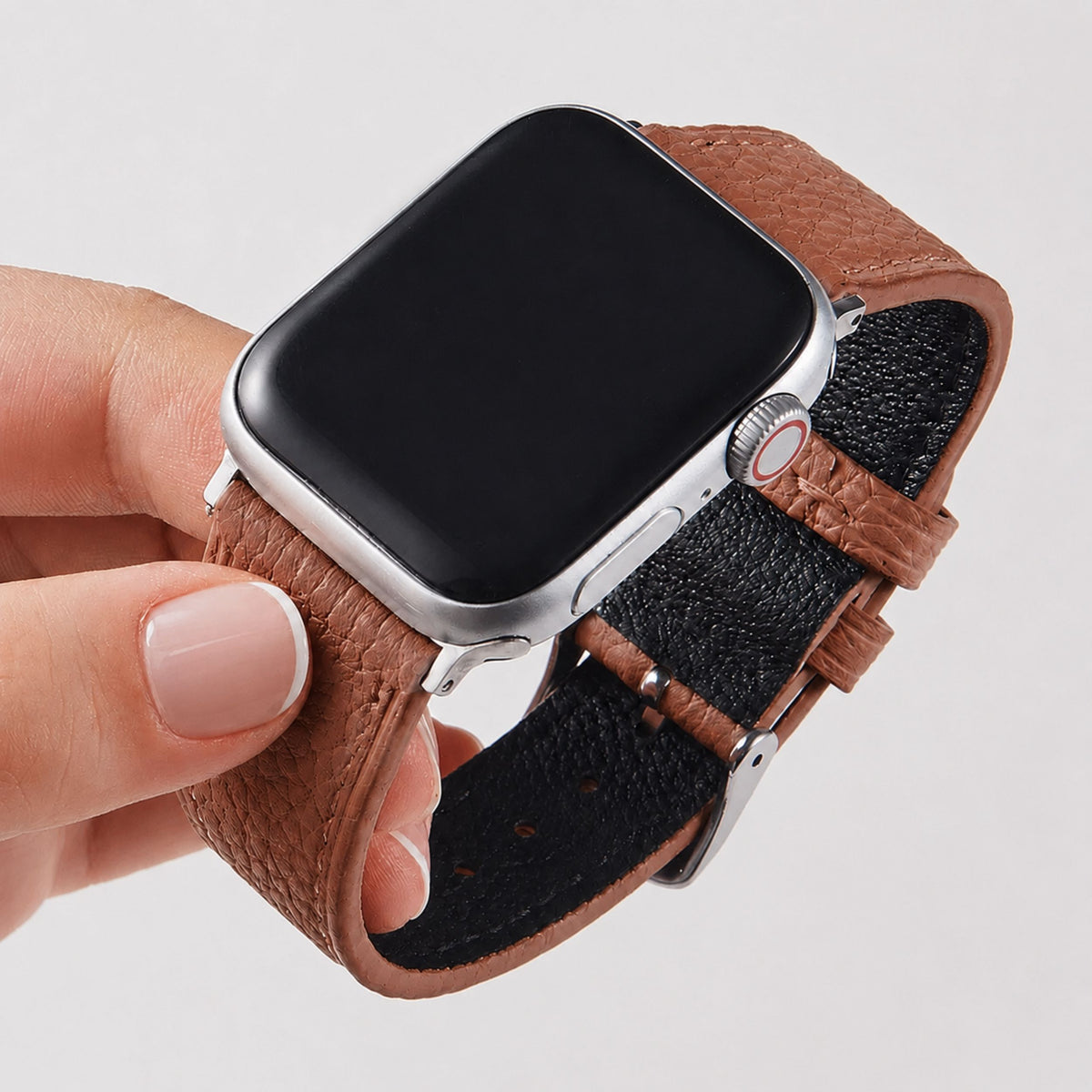 Correa ancha de cuero granulado marrón para Apple Watch, compatible con modelos de Vivaldo, con cierre de hebilla.