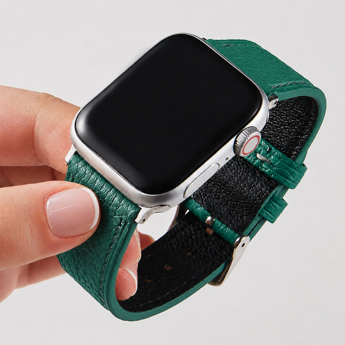 Correa ancha de cuero granulado para Apple Watch en color verde, compatible con modelos de Vivaldo.