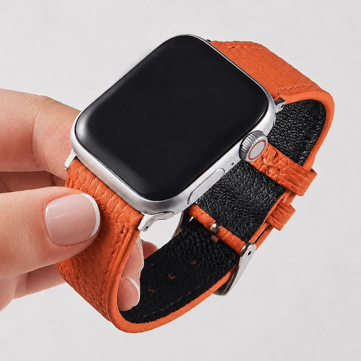 Correa ancha de cuero granulado en color naranja para Apple Watch, compatible con correas de la marca Vivaldo.