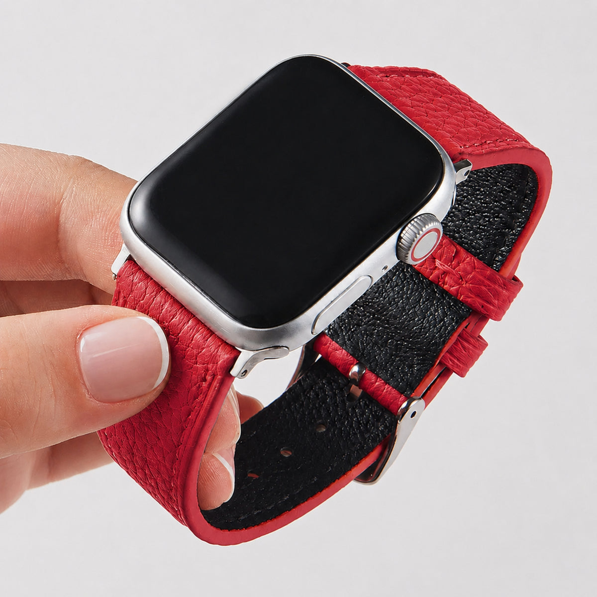 Correa ancha de cuero granulado para Apple Watch en color rojo, compatible con modelos de Apple Watch, de la marca Vivaldo.