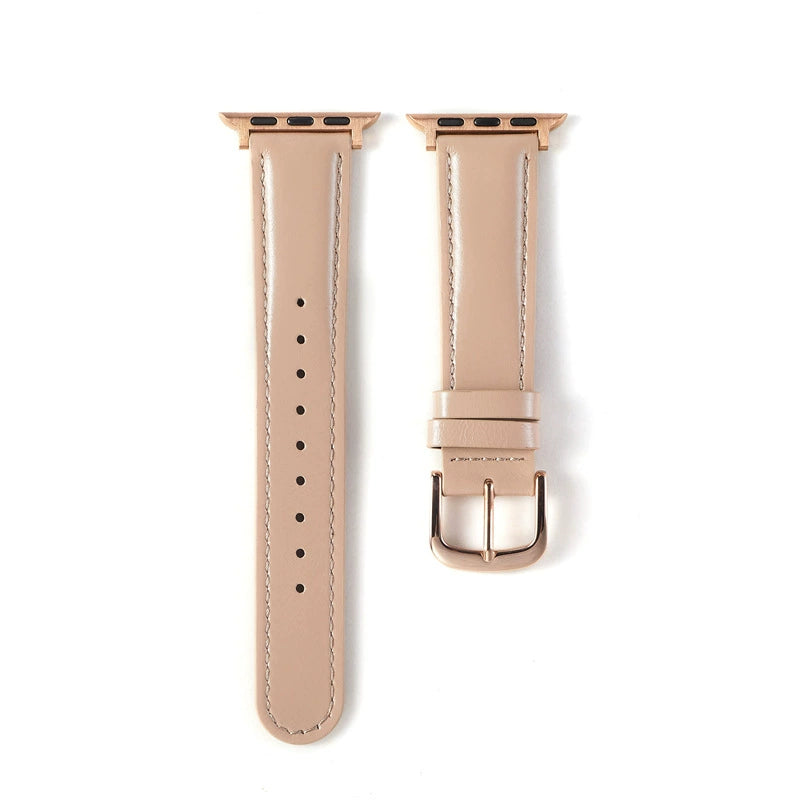 Correa de cuero natural brillante para Apple Watch en color beige, de la marca Vivaldo, con acabado elegante y suave.