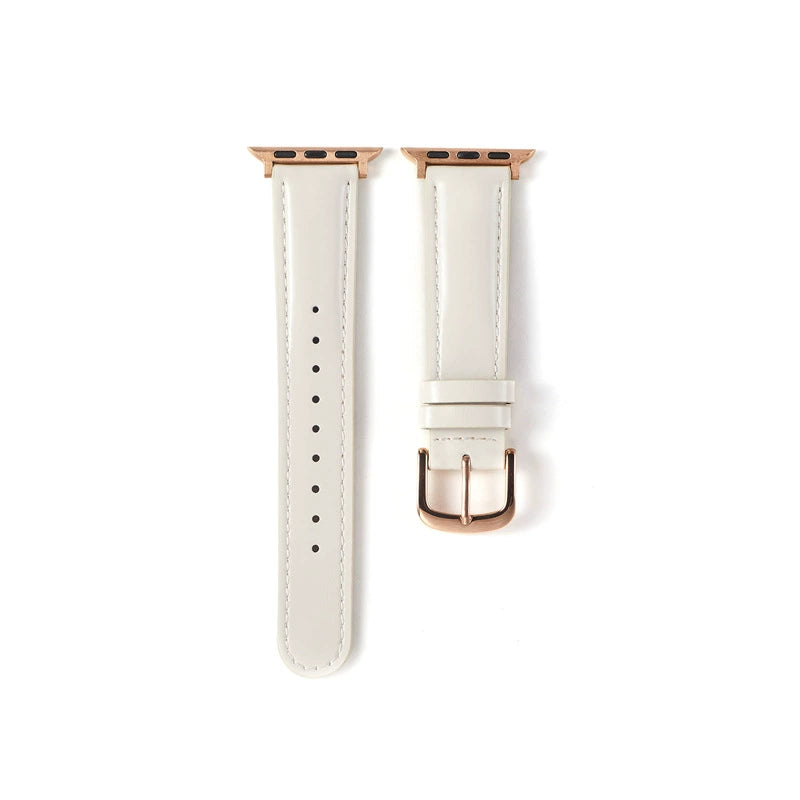 Correa de cuero natural brillante para Apple Watch en color blanco roto, diseñada por Vivaldo, con acabado elegante y resistente.