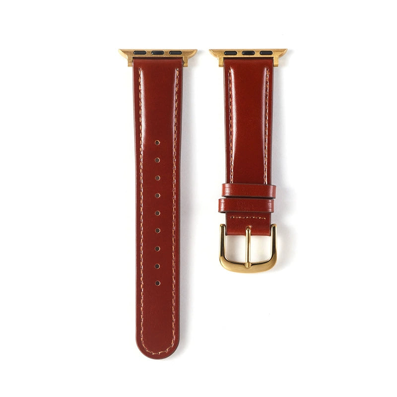 Correa de cuero natural brillante para Apple Watch en color caoba, de la marca Vivaldo, con acabado elegante y sofisticado.