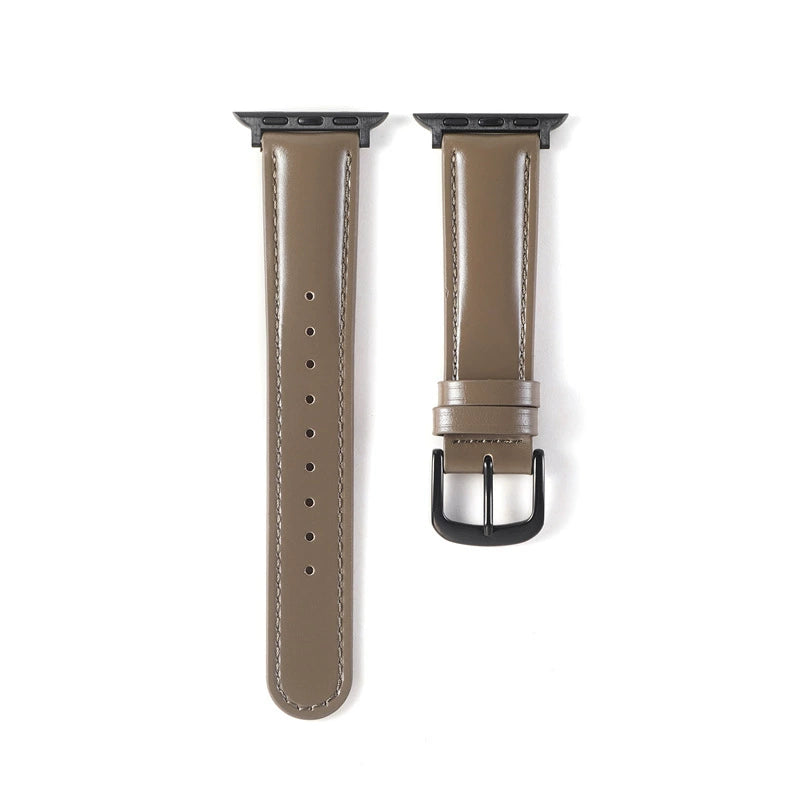 Correa de cuero natural brillante para Apple Watch en color gris, de la marca Vivaldo, con acabado elegante y ajustable.
