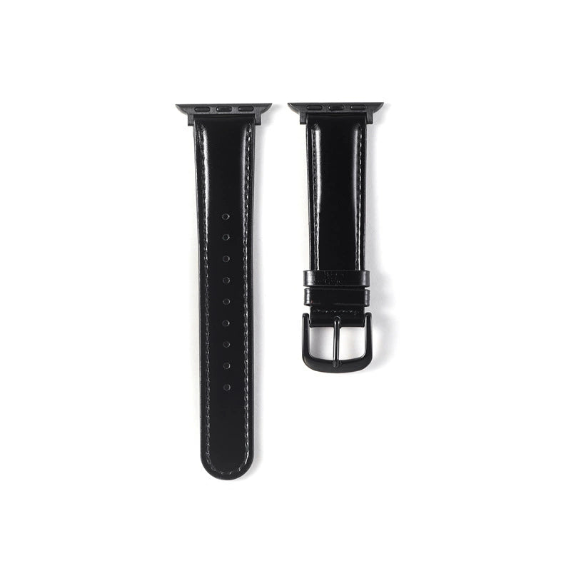 Correa de cuero natural brillante para Apple Watch en color negro, de la marca Vivaldo, mostrando el diseño elegante y suave material.