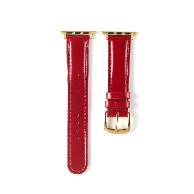 Correa de cuero natural brillante para Apple Watch en color rojo, de la marca Vivaldo, con acabado elegante y ajustable.