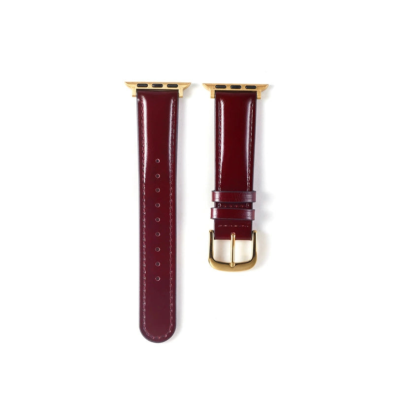 Correa de cuero natural brillante para Apple Watch en color rojo burdeos, de la marca Vivaldo, con cierre de hebilla.