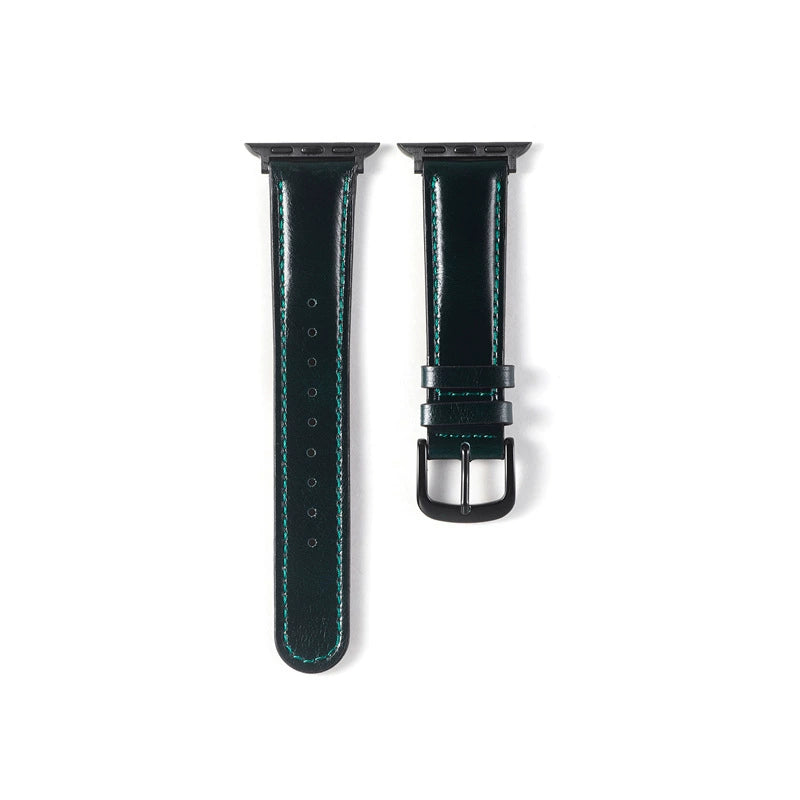 Correa de cuero natural brillante para Apple Watch en color verde botella, marca Vivaldo, con acabado elegante y ajustable.