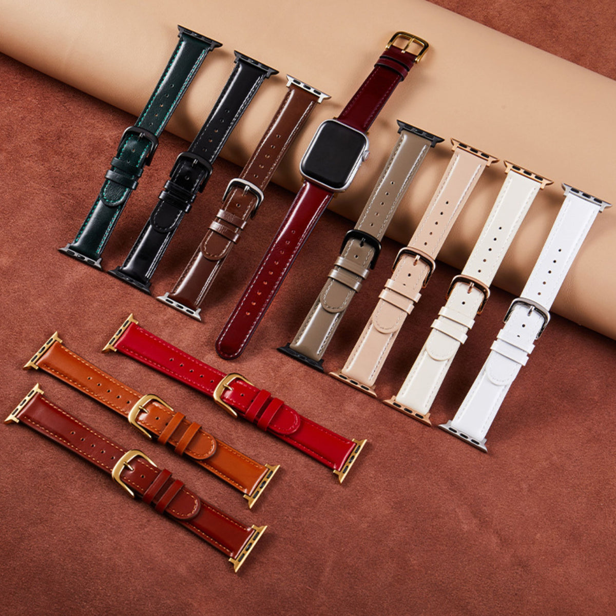 Correa de cuero natural brillante beige para Apple Watch de la marca Vivaldo, con acabado elegante y suave.