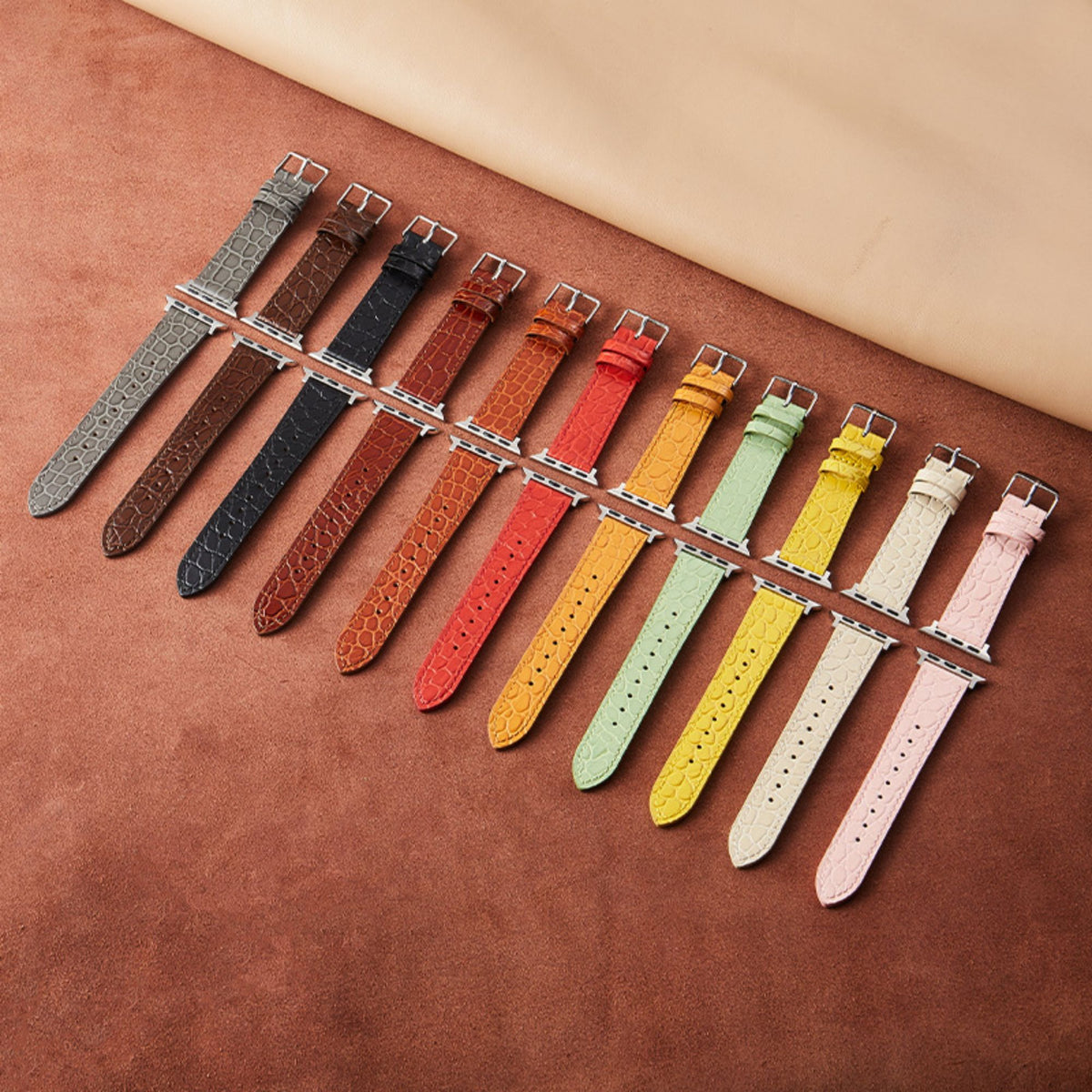 Correa de cuero con grabado de cocodrilo para Apple Watch, estilo camel, fabricada por Vivaldo, ajustada en la muñeca.