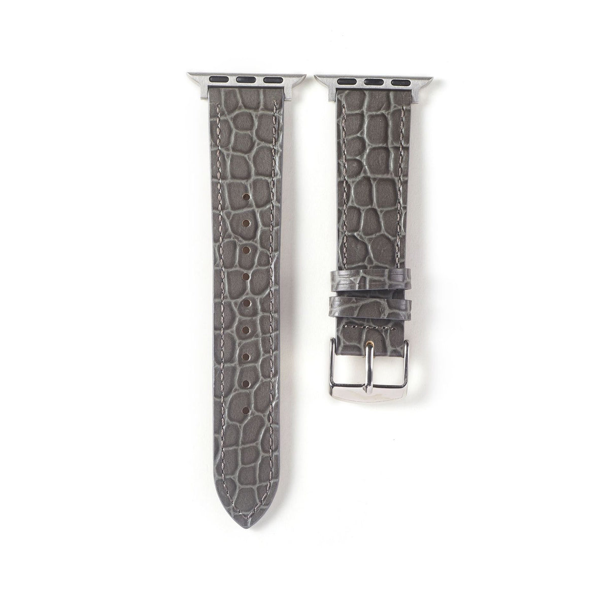 Correa de cuero con efecto cocodrilo gris para Apple Watch, marca Vivaldo, mostrando textura y acabado elegante.