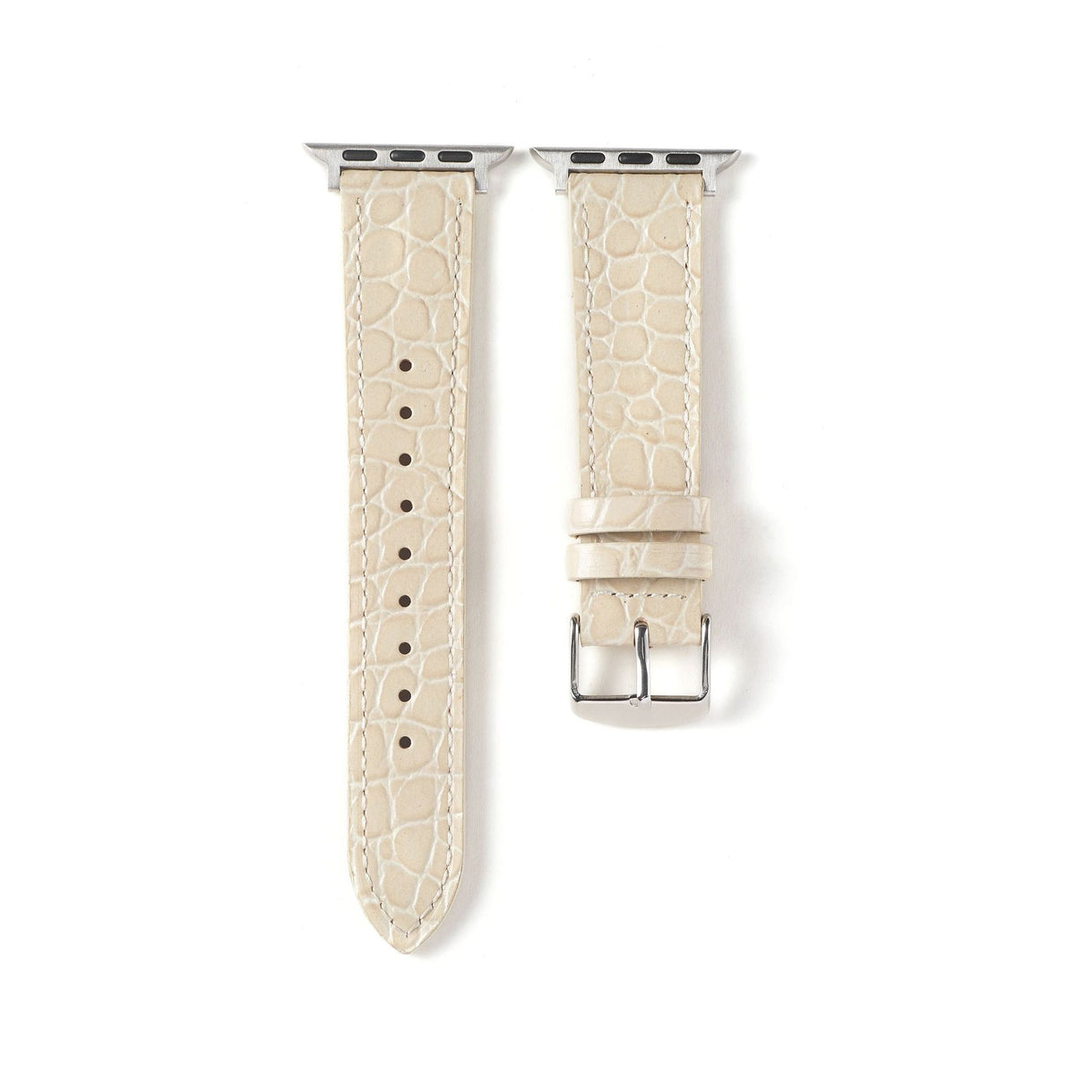 Correa de cuero con efecto cocodrilo para Apple Watch, marca Vivaldo, en color blanco marfil, muestra la textura y cierre.