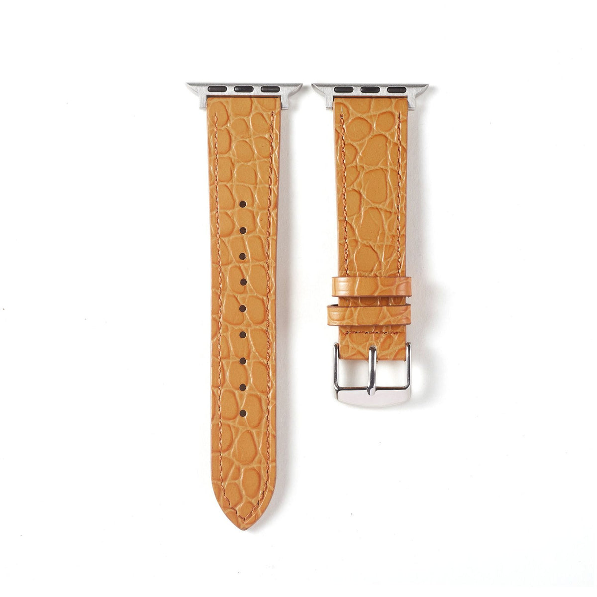 Correa de cuero con grabado de cocodrilo para Apple Watch, marca Vivaldo, en color camel, muestra detalles del diseño elegante.