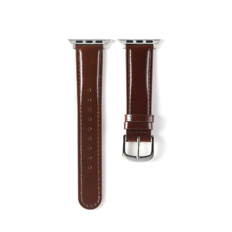 Correa de cuero natural brillante para Apple Watch en color marrón chocolate, con acabado elegante y estilo clásico.